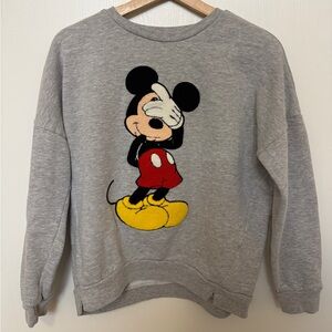 Disney Gray Crewneck Sweater with Embroidered Mickey Graphic